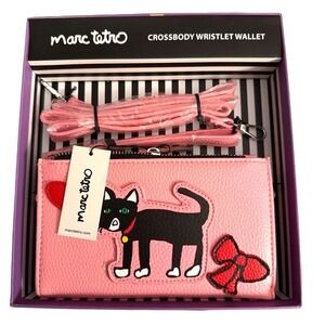 Marc Tetro Pink Black Cat Bow Heart‎ Crossbody Wristlet Wallet Boxed